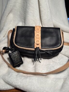 Tommy Bahama Black Crossbody with Tan Braided Accent and Tassel